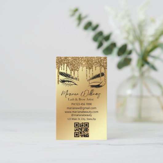 strijkstok en wenkbrauwen qr code golden dripping visitekaartje (Staand voorkant)