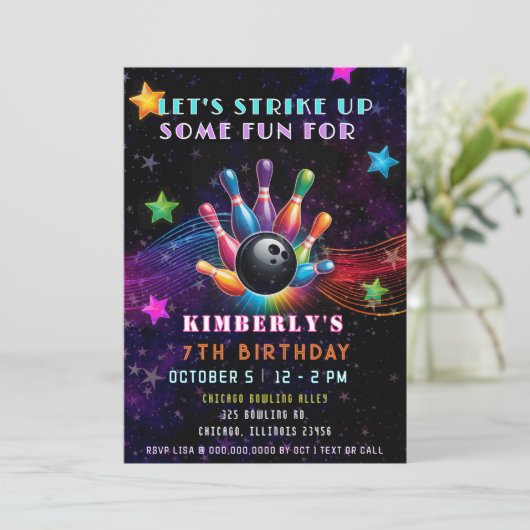 Strike Up Some Fun Neon Glow Bowling Birthday Kaart (Staand voorkant)