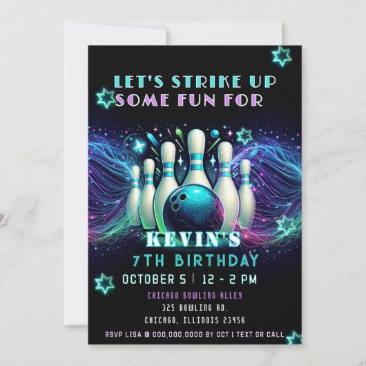 Strike Up Some Fun Neon Glow Bowling Birthday Kaart (Voorkant)