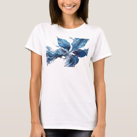 Strikend Blauw Abstract Bladeren Modeprint T-shirt (Voorkant)