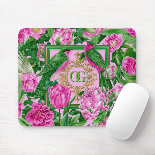Strikende botanische roze en groene monogram- muismat (Met muis)