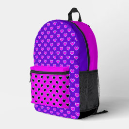 Strikende kleuren roze paars en zwart met harten bedrukte rugzak