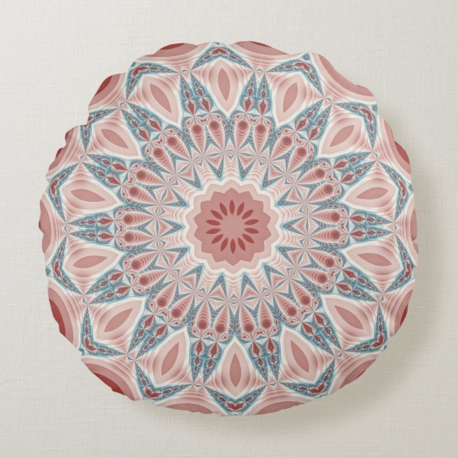 Strikende moderne caleidoscoop mandala fractal kun rond kussen (Voorkant)