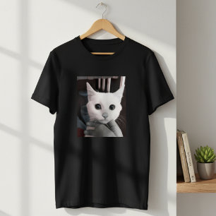 Strikende witte kat met grote ogen Heren zwart T-shirt