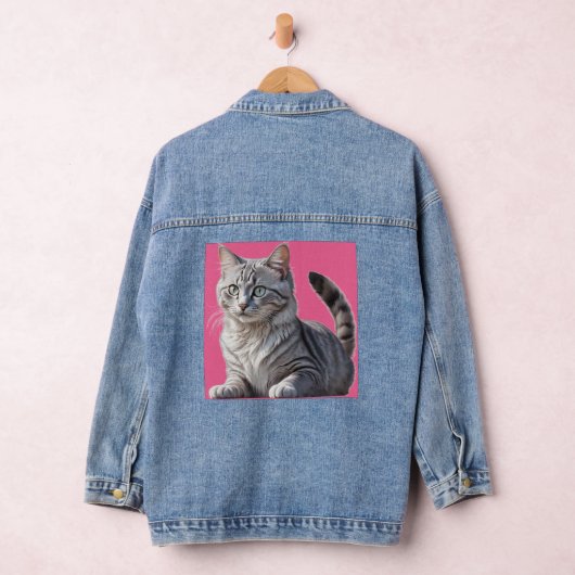 Striking Gray Tabby Cat with Green Eyes Denim Jacket (Hangar)