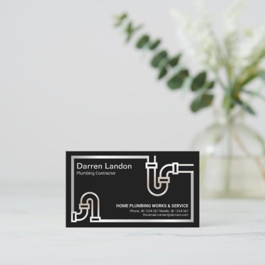 Striking Retro Silver Pipe Border Plumbing Service Visitekaartje (Staand voorkant)