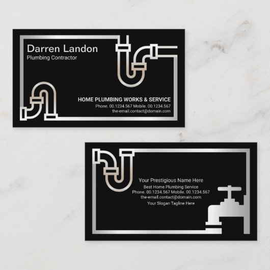 Striking Retro Silver Pipe Border Plumbing Service Visitekaartje (Voorkant / Achterkant)