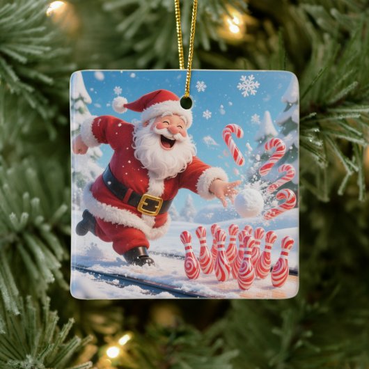 Striking Santa Bowling Candy Cane Lane Personalize Keramisch Ornament (Boom)