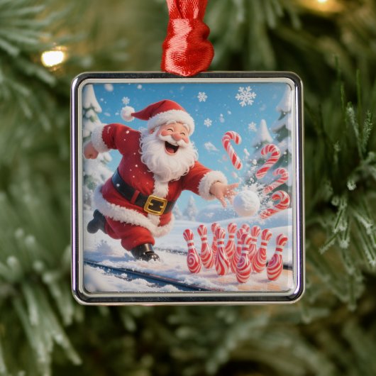 Striking Santa Bowling Candy Cane Lane Personalize Metalen Ornament (Boom)
