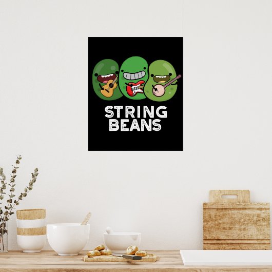 String Beans Grappige Plantaardige Pun Donker BG Poster (Keuken)