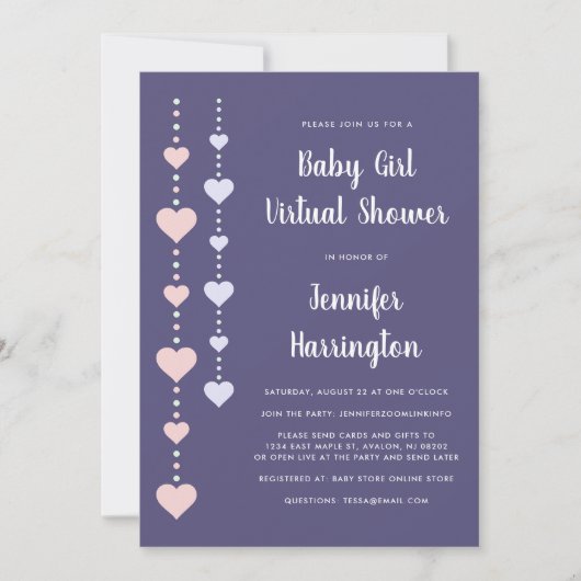 String Hearts Roze Paarse Virtual Baby Girl Shower Kaart (Voorkant)
