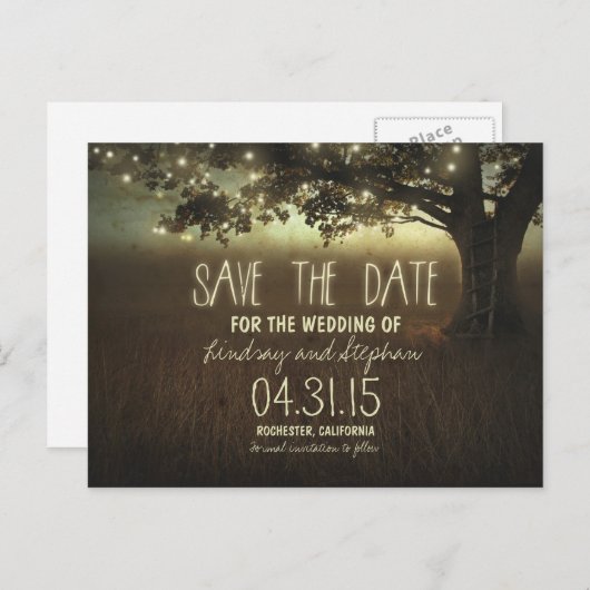 String lampjes boom romantisch opslaan van de datu aankondigingskaart (Voorkant / Achterkant)