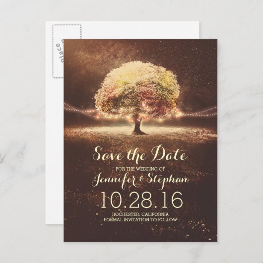 String lampjes boom romantisch opslaan van de datu aankondigingskaart (Voorkant / Achterkant)