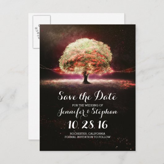 String lampjes boom romantisch opslaan van de datu aankondigingskaart (Voorkant / Achterkant)