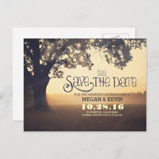 String lampjes boom romantisch opslaan van de datu aankondigingskaart (Voorkant / Achterkant)