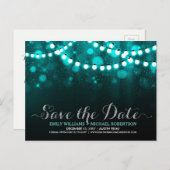 String lampjes turquoise bokeh save the date aankondigingskaart (Voorkant / Achterkant)