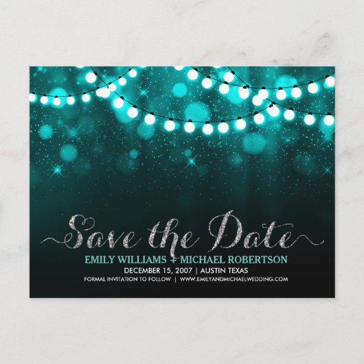 String lampjes turquoise bokeh save the date aankondigingskaart (Voorkant)