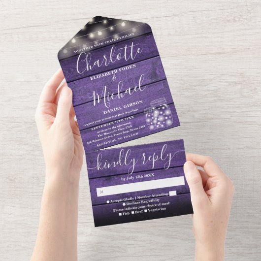 String licht Mason Jars rustieke Paarse houten bru All In One Uitnodiging (Afscheurbaar)