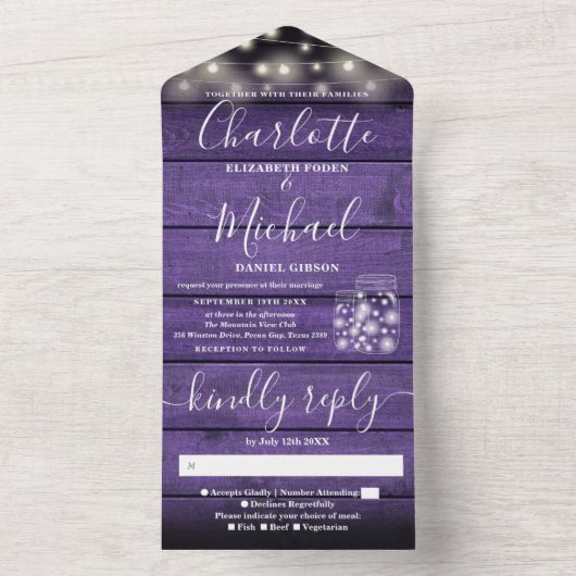 String licht Mason Jars rustieke Paarse houten bru All In One Uitnodiging (Binnen)