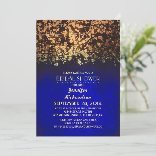 String Lichten Blauw en Goud vrijgezellenfeest Kaart (Staand voorkant)