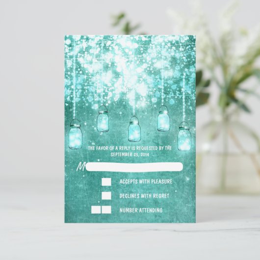 String lichten blauwgroen metselaar potten bruilof RSVP kaartje (Staand voorkant)