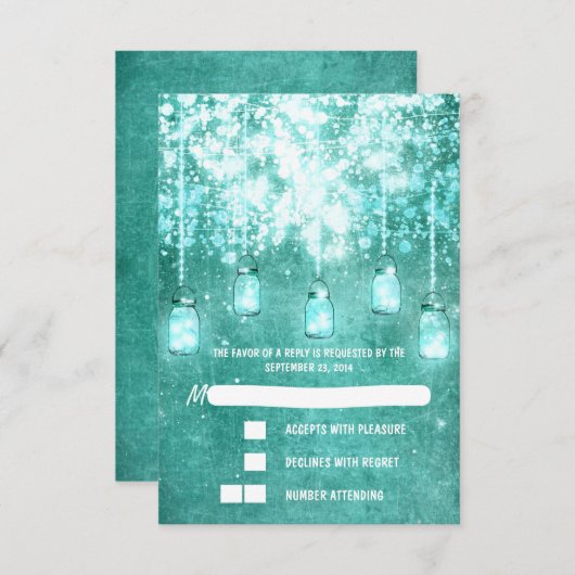 String lichten blauwgroen metselaar potten bruilof RSVP kaartje (Voorkant / Achterkant)