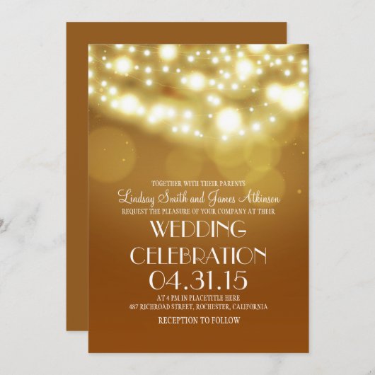 String lichten geel elegante bruiloft uitnodiginge kaart (Voorkant / Achterkant)