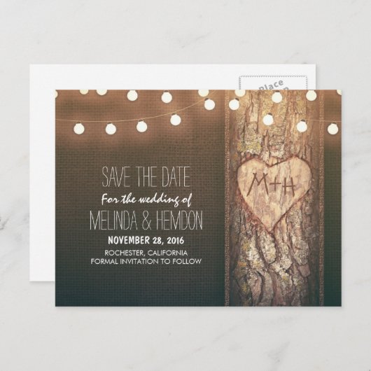 String lichten gesneden hart rustieke save the dat aankondigingskaart (Voorkant / Achterkant)