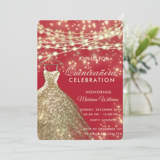 String lichten goud rood glitter jurk kaart (Staand voorkant)