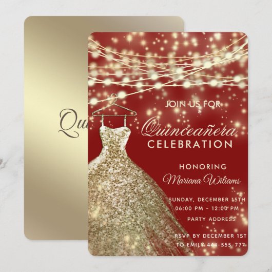 String lichten goud rood glitter jurk uitnodiging (Voorkant / Achterkant)