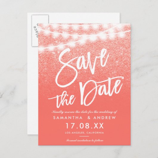String lichten koraal glitter helder op te slaan d aankondigingskaart (Voorkant / Achterkant)