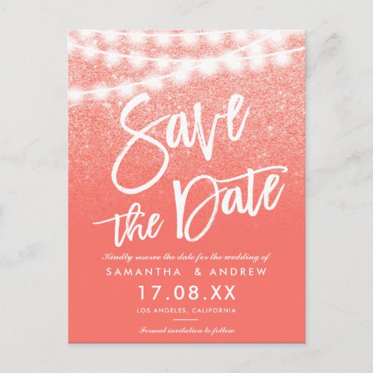 String lichten koraal glitter helder op te slaan d aankondigingskaart (Voorkant)