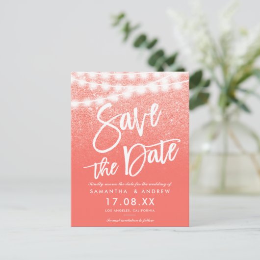 String lichten koraal glitter helder op te slaan d aankondigingskaart (Staand voorkant)