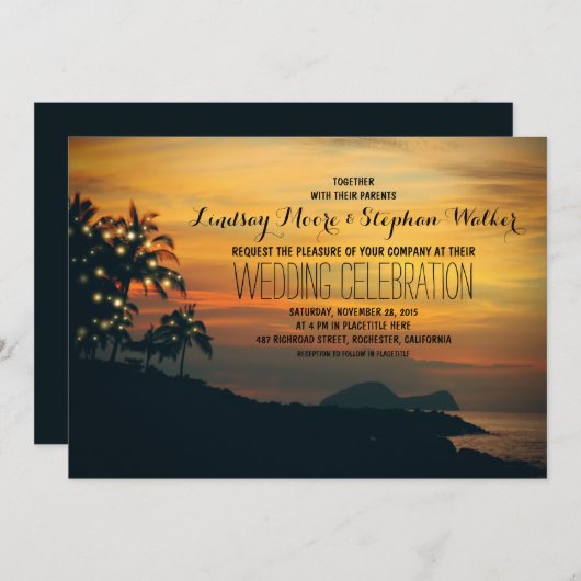 String Lichten Palmbomen Strand bruiloft uitnodigi Kaart (Voorkant / Achterkant)