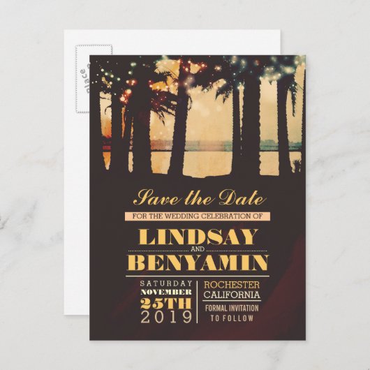 String lichten palmen strand opslaan van de datum aankondigingskaart (Voorkant / Achterkant)