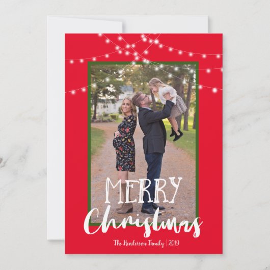 String Lichten Rood en Groen Foto Vrolijk Kerstmis Feestdagenkaart (Voorkant)