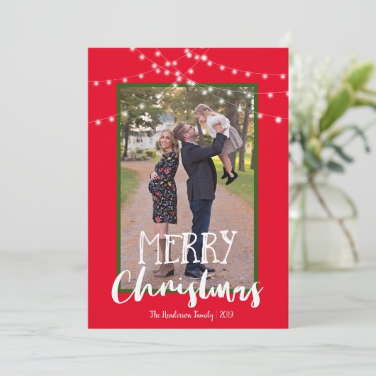 String Lichten Rood en Groen Foto Vrolijk Kerstmis Feestdagenkaart (Staand voorkant)