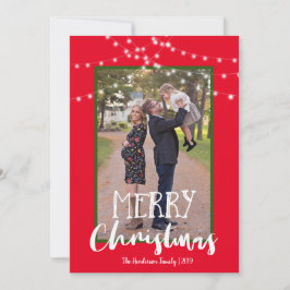 String Lichten Rood en Groen Foto Vrolijk Kerstmis Feestdagenkaart