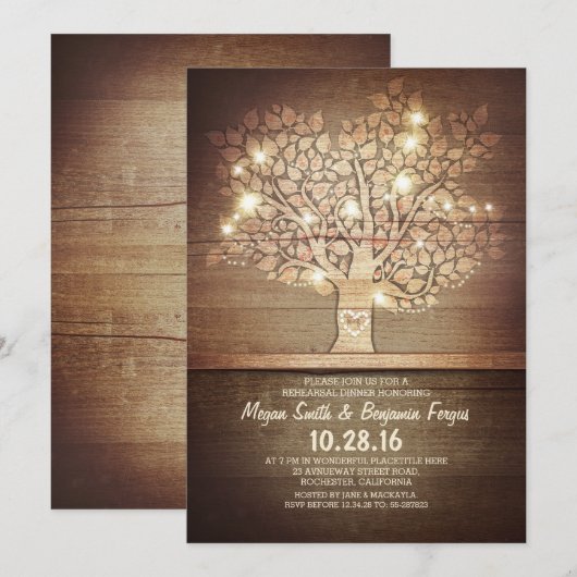 String lichten & rustieke boom repetitie diner kaart (Voorkant / Achterkant)