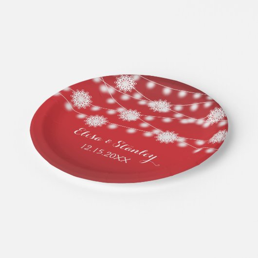 String lichten, sneeuwvlokken rood moderne bruilof papieren bordje (Gekanteld)
