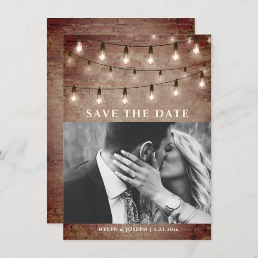 String Light Industrial Rustic Brick Wedding Save The Date (Voorkant / Achterkant)