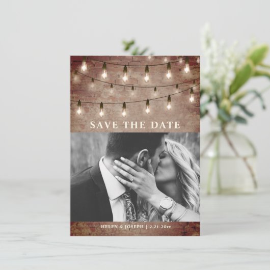 String Light Industrial Rustic Brick Wedding Save The Date (Staand voorkant)