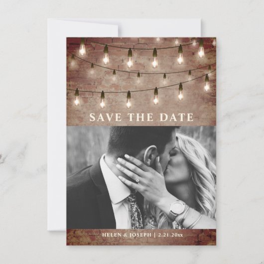 String Light Industrial Rustic Brick Wedding Save The Date (Voorkant)