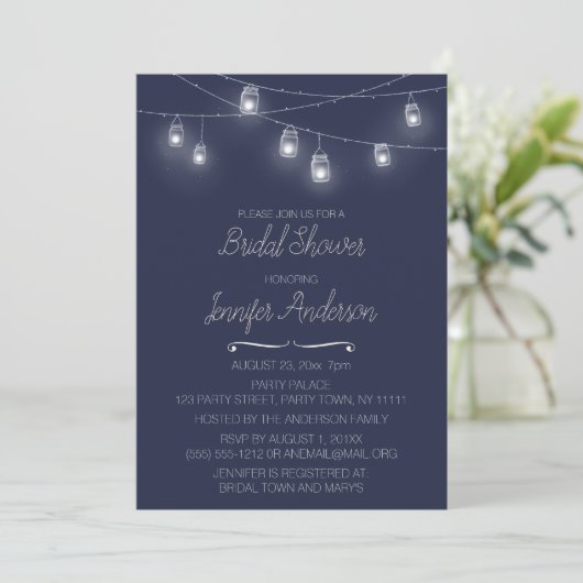 String Light Mason Jar Blue Vrijgezellenfeest Kaart (Staand voorkant)