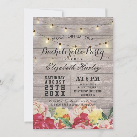 String Light Rustic Wood Floral Bachelorette Party Kaart (Voorkant)