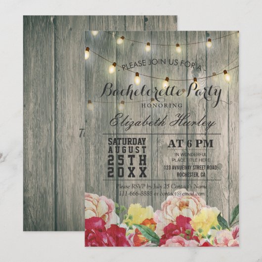 String Light Rustic Wood Floral Bachelorette Party Kaart (Voorkant / Achterkant)