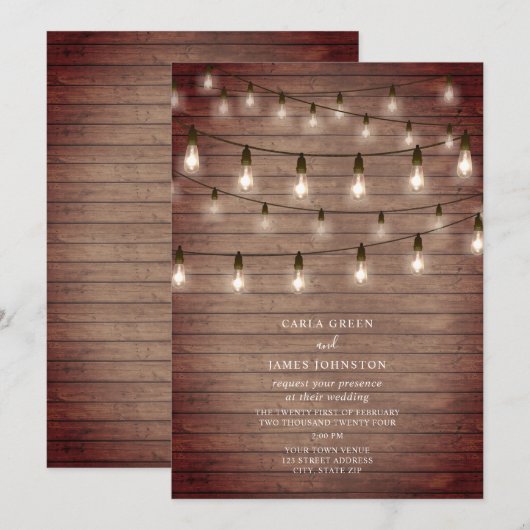  String Lightbulbs Hout Wedding Kaart (Voorkant / Achterkant)
