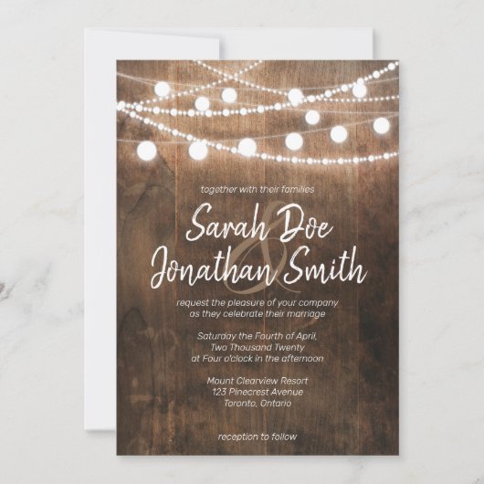 String Lights and Wood Wedding Invitation Kaart (Voorkant)