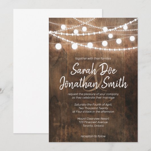 String Lights and Wood Wedding Invitation Kaart (Voorkant / Achterkant)