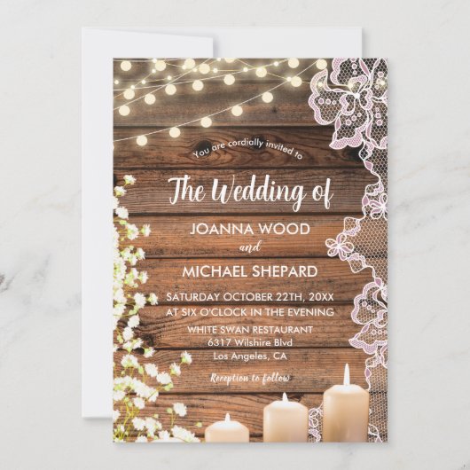 String Lights Baby's Breath & Lace Wood Bruiloft Kaart (Voorkant)